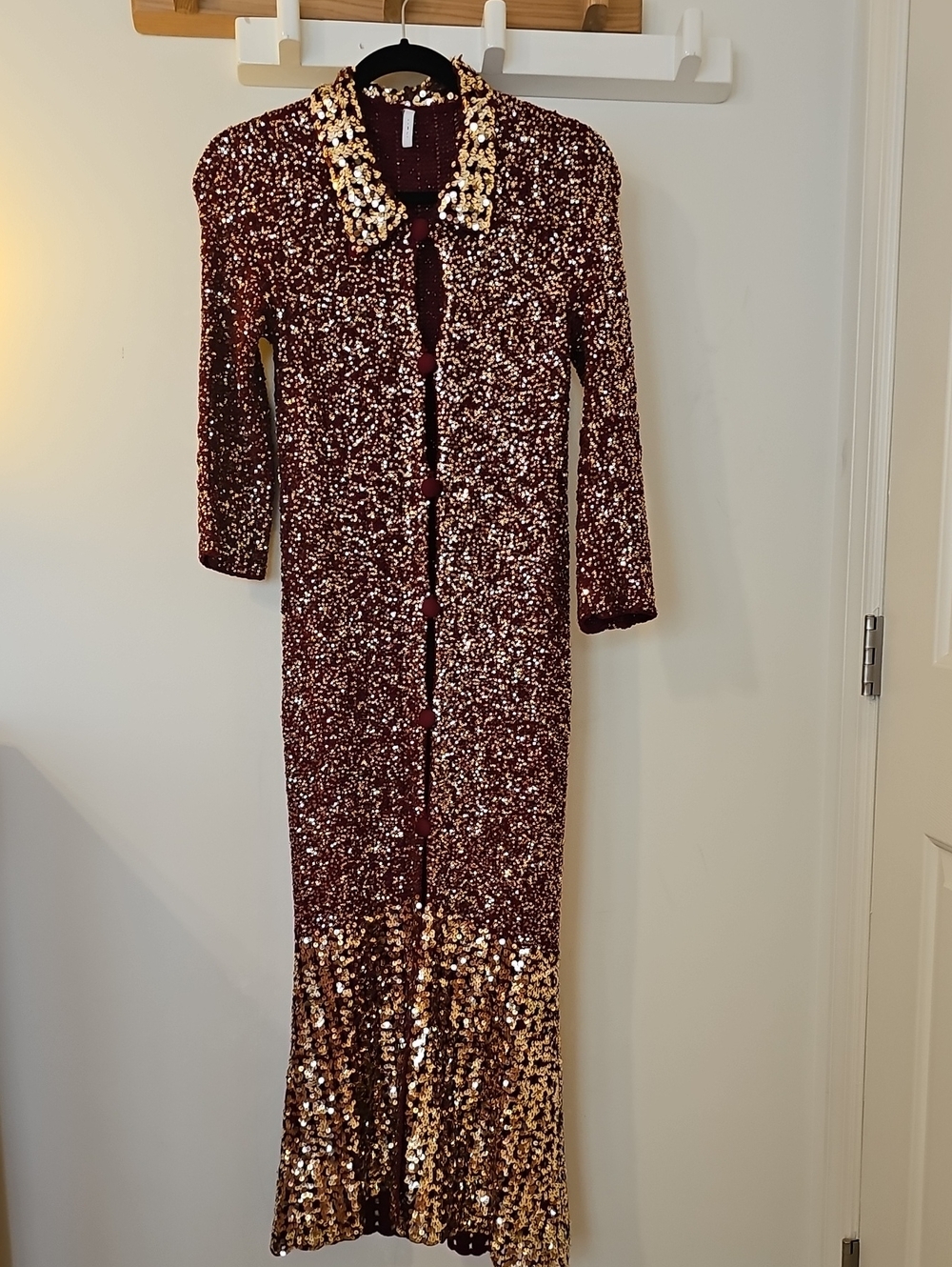IISLI Gold Sequin-Embellished Burgundy Coat or Maxi Dress